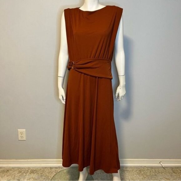 New With Tag Zara Belted Midi Dress Brown Size XL - Picture 5 of 9